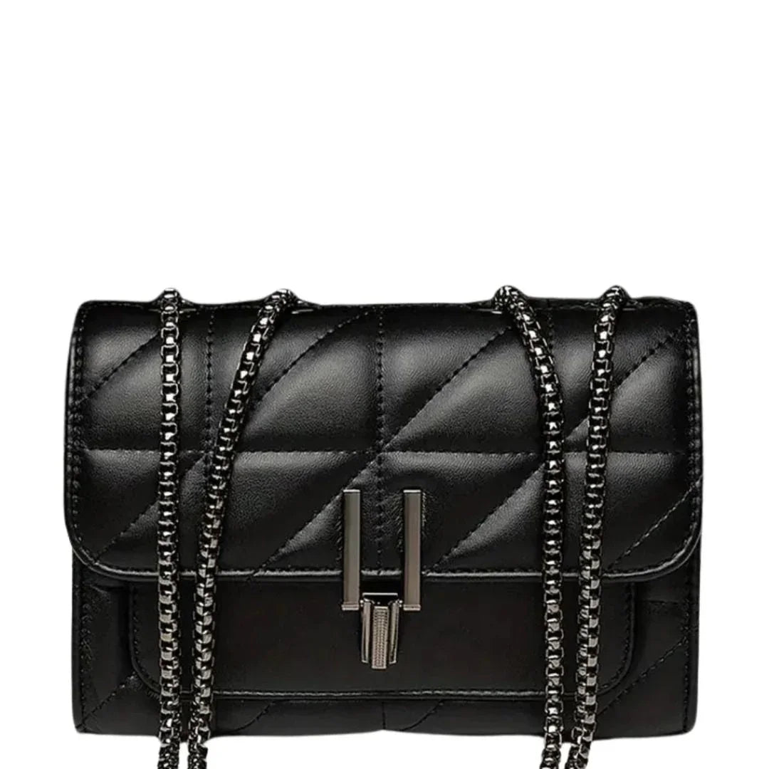 Black quilted leather crossbody bag with metal chain strap and silver hardware, luxury purse