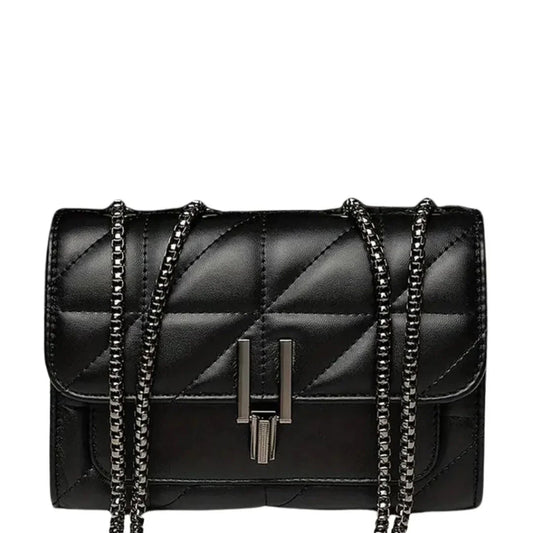 Black quilted leather crossbody bag with metal chain strap and silver hardware, luxury purse