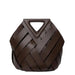 Dark brown woven leather handbag with triangular handle, modern fashion accessory