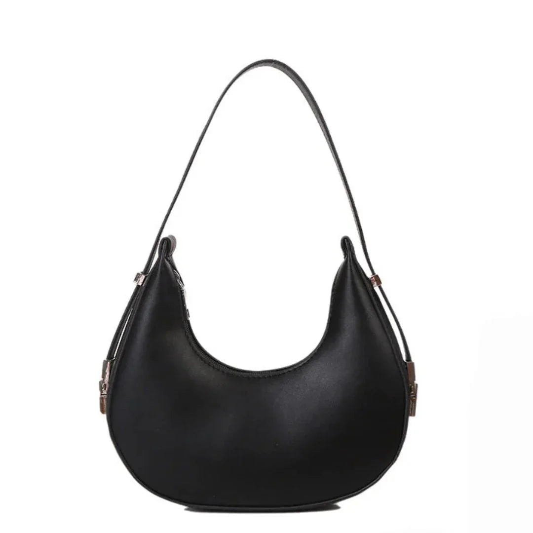 Black crescent shoulder bag with minimalist design on white background