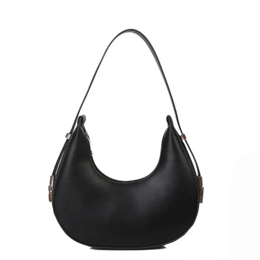 Black crescent shoulder bag with minimalist design on white background