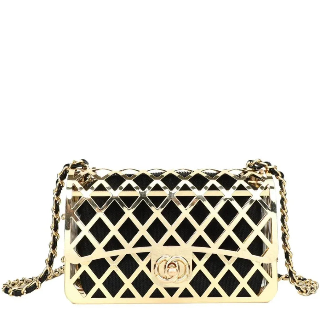 Luxury black handbag with gold lattice design and chain strap, elegant fashion purse