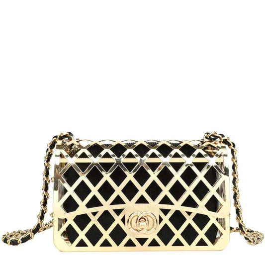 Luxury black handbag with gold lattice design and chain strap, elegant fashion purse