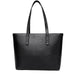 Black leather tote bag with double shoulder straps on white background