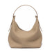 Beige leather hobo bag with single strap, minimalist and textured design on white background