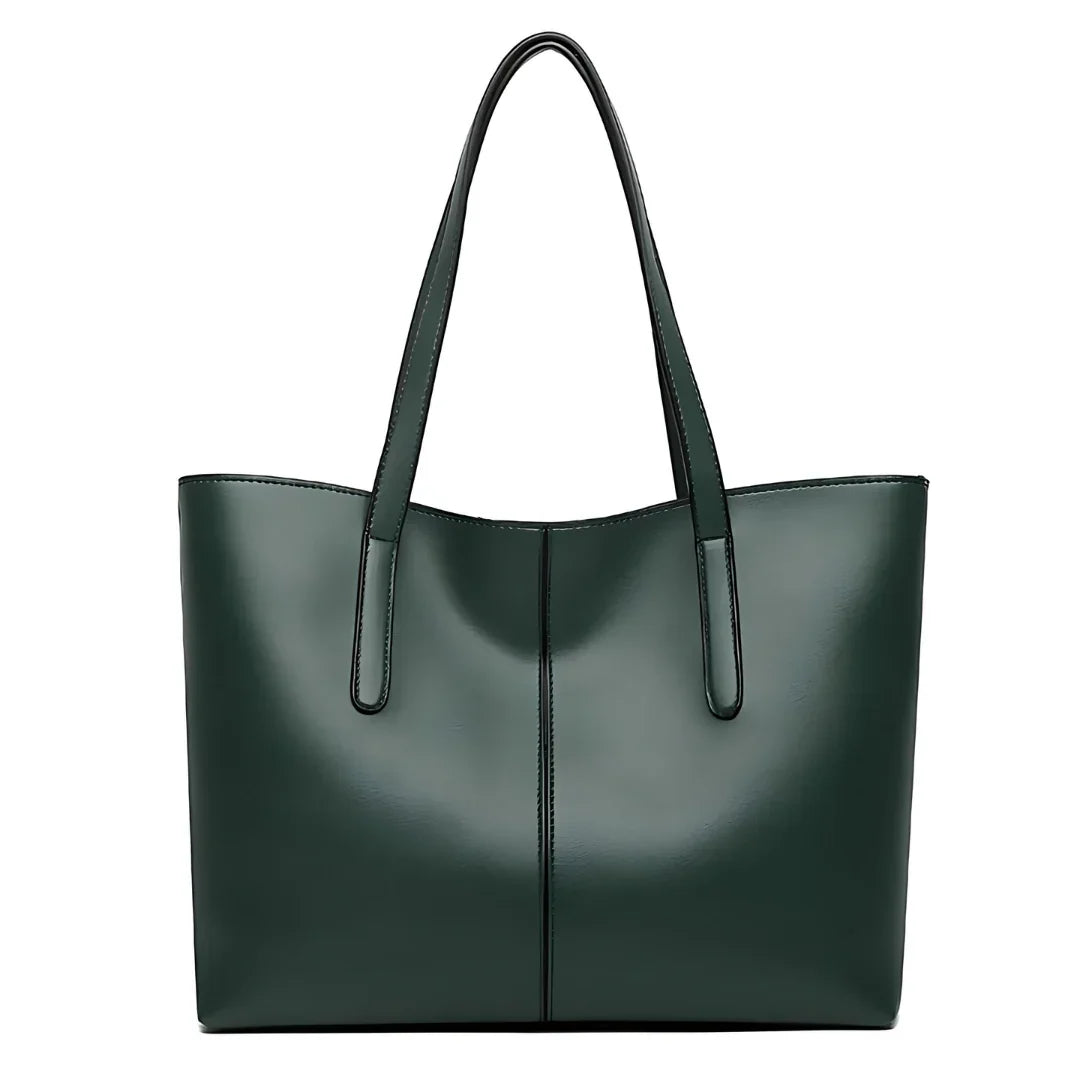 Dark green leather tote bag with double handles on white background