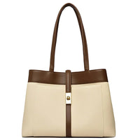 Two-tone brown and beige leather tote bag with gold lock and double handles