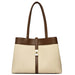 Two-tone brown and beige leather tote bag with gold lock and double handles
