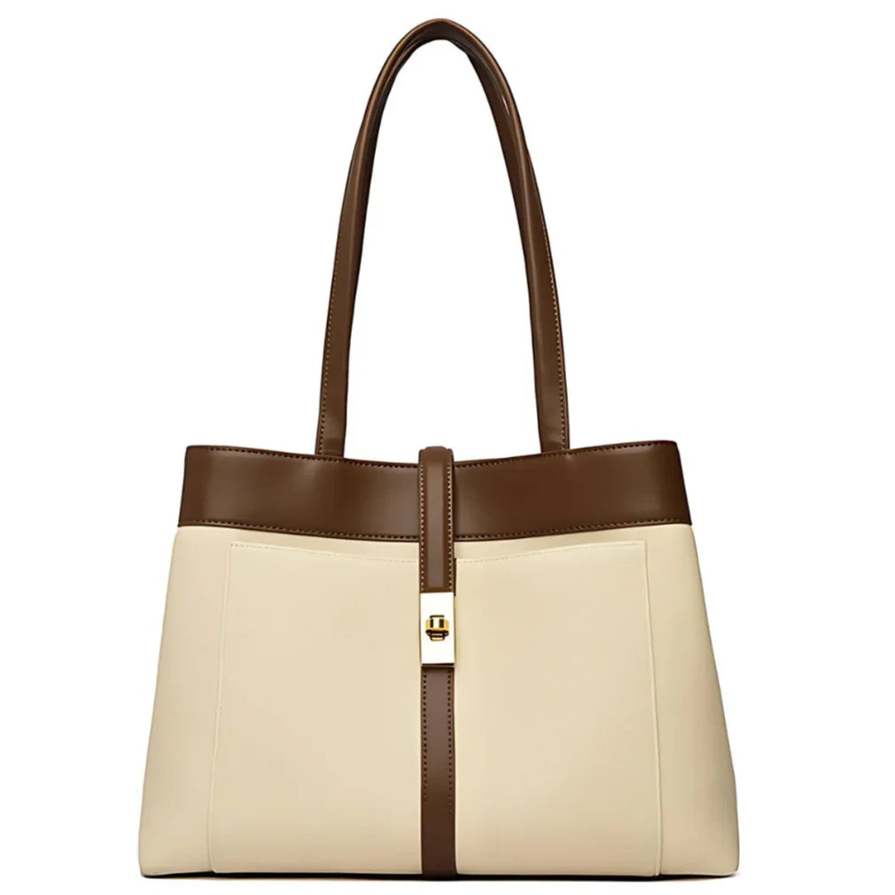 Two-tone brown and beige leather tote bag with gold lock and double handles
