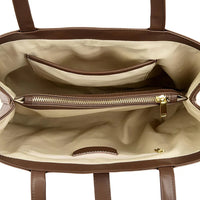 Brown leather tote bag interior with beige lining, zippered pocket, and open compartments