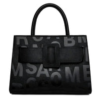 Black leather handbag with embossed letters and top handles, modern designer purse