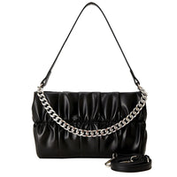 Black ruched faux leather handbag with silver chain strap and detachable shoulder strap