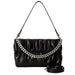 Black ruched faux leather handbag with silver chain strap and detachable shoulder strap