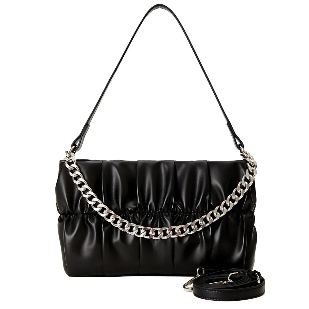 Black ruched faux leather handbag with silver chain strap and detachable shoulder strap