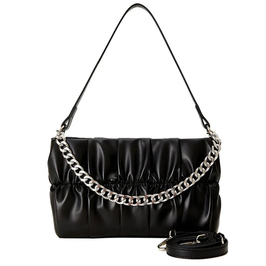 Black ruched faux leather handbag with silver chain strap and detachable shoulder strap