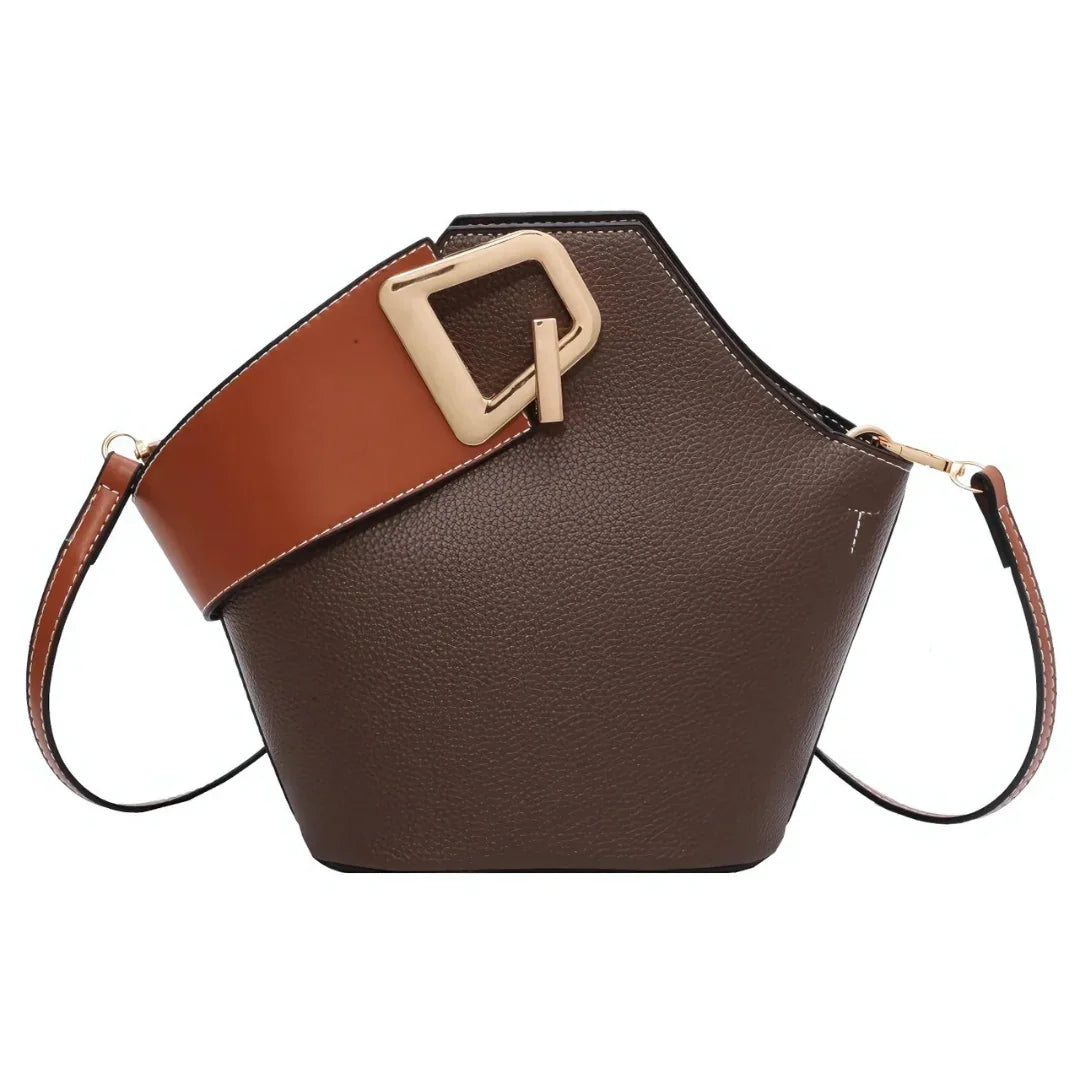 Brown leather handbag with wide tan strap and gold buckle, modern geometric purse