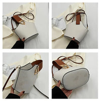 Modern white bucket bag with brown strap and gold buckle, shown from multiple angles on fabric.