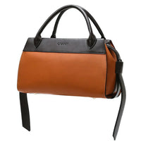 Brown and black leather handbag with double top handles and side strap detail
