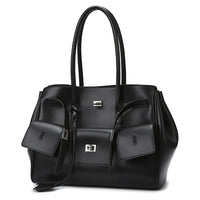 Black leather tote bag with silver hardware and double handles