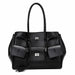 Black leather tote bag with silver hardware, front pockets, and double handles