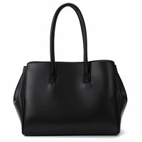 Sleek black leather tote bag with double handles on white background