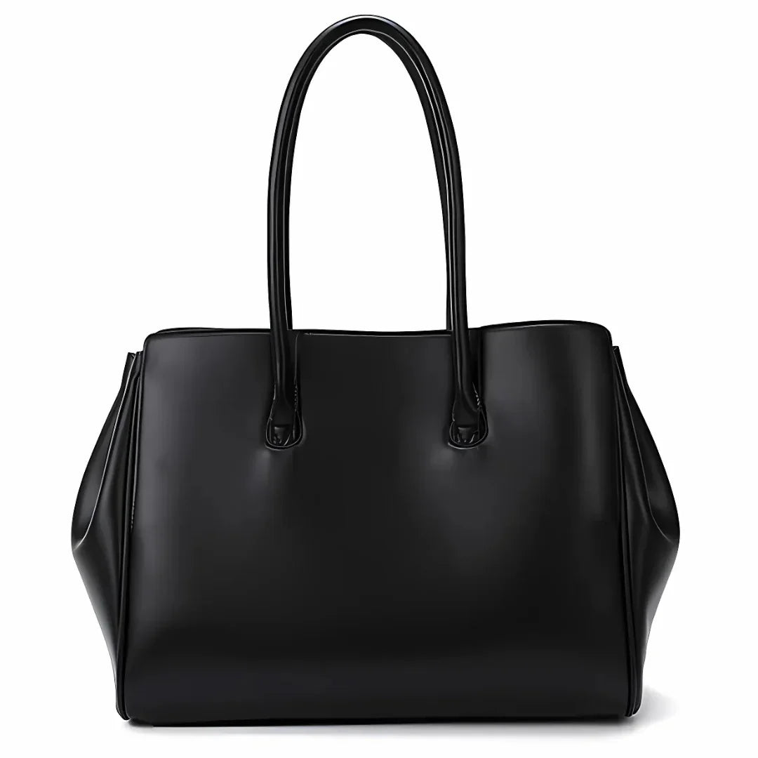 Sleek black leather tote bag with double handles on white background