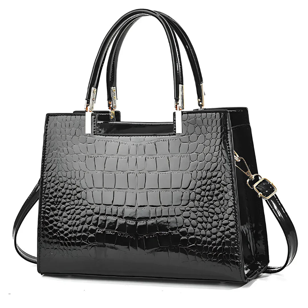 Glossy black crocodile pattern handbag with double handles and shoulder strap