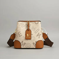 Beige and brown designer bucket bag with MILANLIANSHI logo and wide shoulder strap