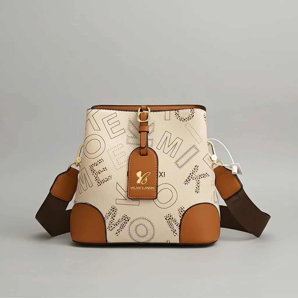 Beige and brown designer bucket bag with MILANLIANSHI logo and wide shoulder strap