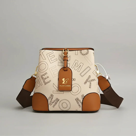 Beige and brown designer bucket bag with MILANLIANSHI logo and wide shoulder strap