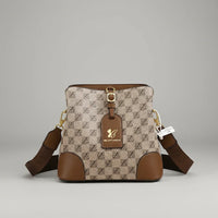 Brown and beige MILANTIANSHI crossbody bag with logo pattern and gold hardware