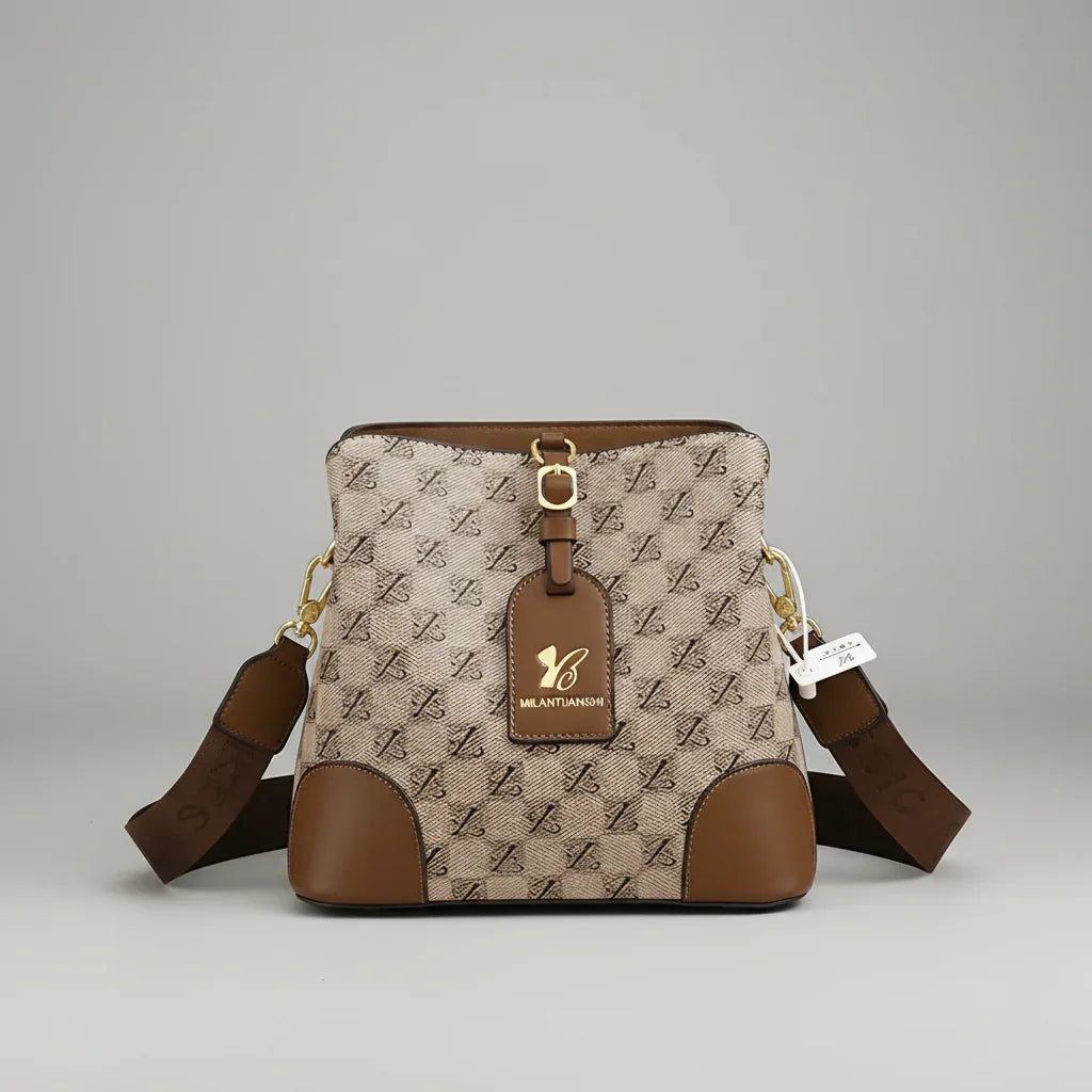 Brown and beige MILANTIANSHI crossbody bag with logo pattern and gold hardware