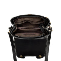 Open black leather crossbody bag with multiple brown inner pockets and gold hardware