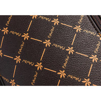 Brown leather bag with PIANZI logo and gold floral geometric pattern