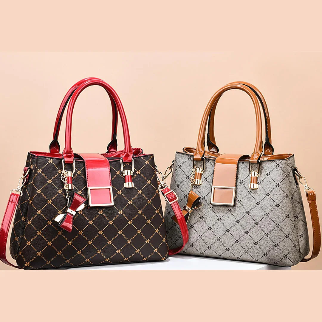 Two designer handbags with geometric patterns, one in brown with red accents, one in gray with tan accents, on a beige background.