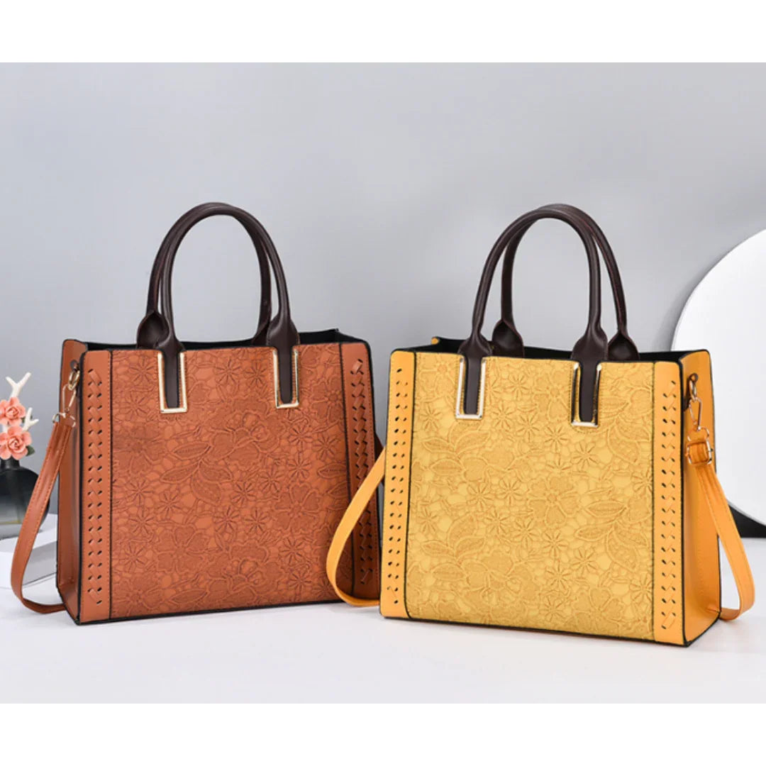 Brown and yellow floral embossed tote handbags with handles and shoulder straps