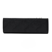 Black rectangular leather watch box with textured finish on white background