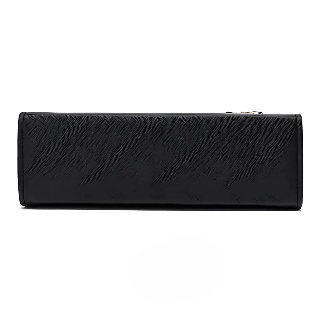 Black rectangular leather watch box with textured finish on white background