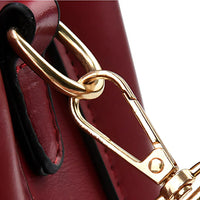 Gold metal clasp on burgundy leather handbag closeup