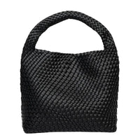 Black woven handbag with a single handle, minimalist bag design on white background