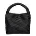Black woven handbag with a single handle, minimalist bag design on white background