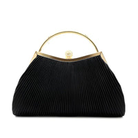 Black pleated handbag with gold top handle and clasp, luxury designer purse
