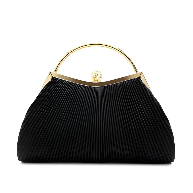 Black pleated handbag with gold top handle and clasp, luxury designer purse
