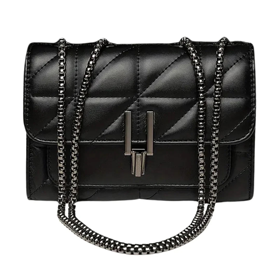 Quilted black leather shoulder bag with chain strap and metallic clasp