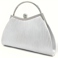 Elegant silver metallic pleated clutch purse with top handle and ornate clasp