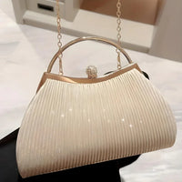 Elegant cream pleated evening clutch bag with gold chain handle and metallic frame