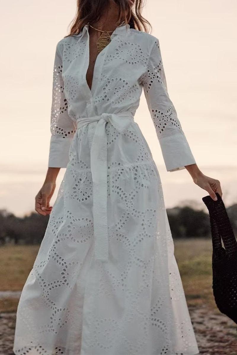 Lyra Petal Embroidery Dress with Flattering Tie Waist - Rebooters -Women's Dresses