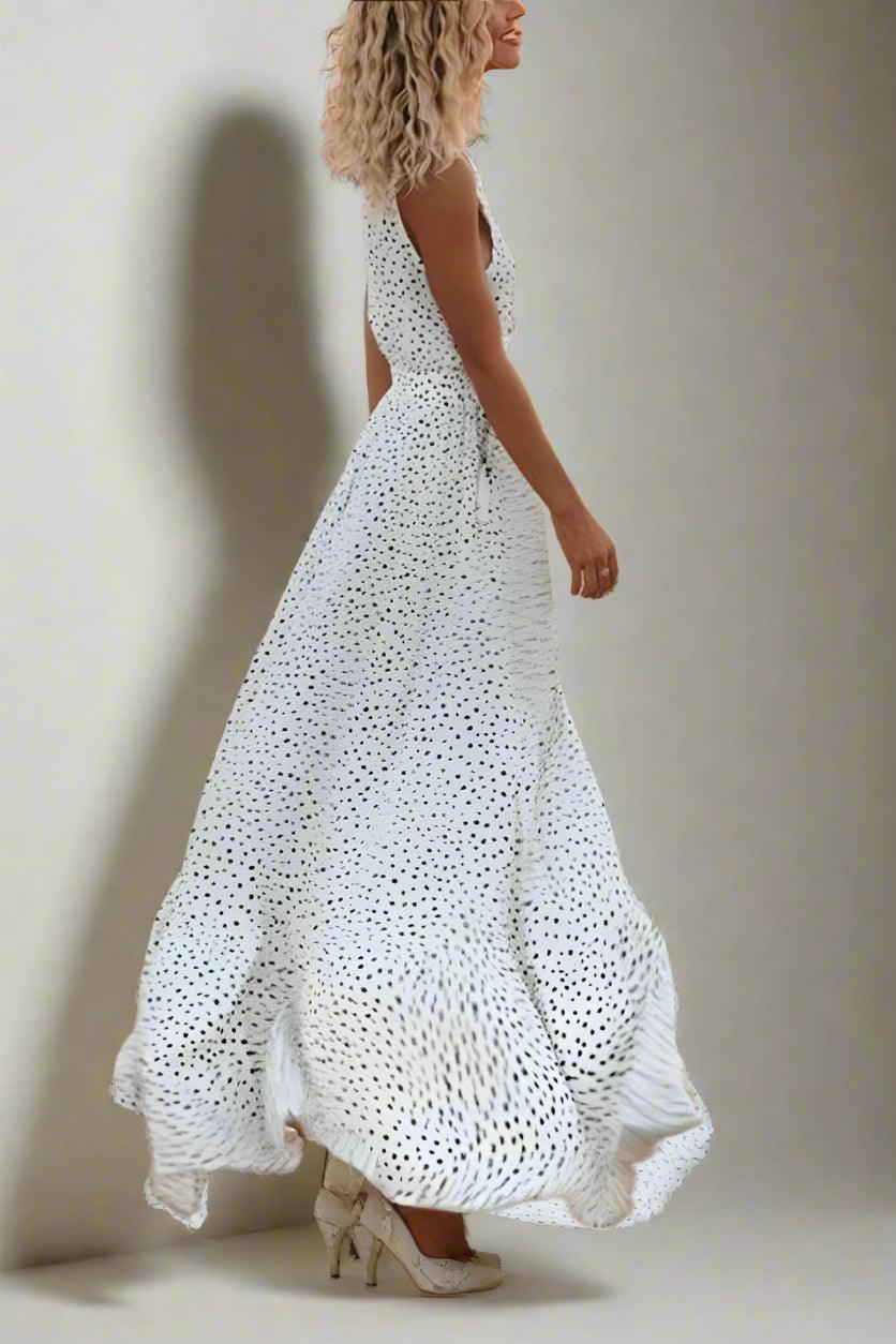 Mila Polka Dot V-Neck Maxi Dress with Flowing Silhouette - Rebooters -Women's Dresses