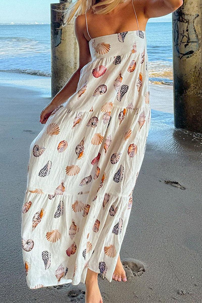 Willow Seashell Print Tiered Maxi Dress for Effortless Style - Rebooters -Women's Dresses