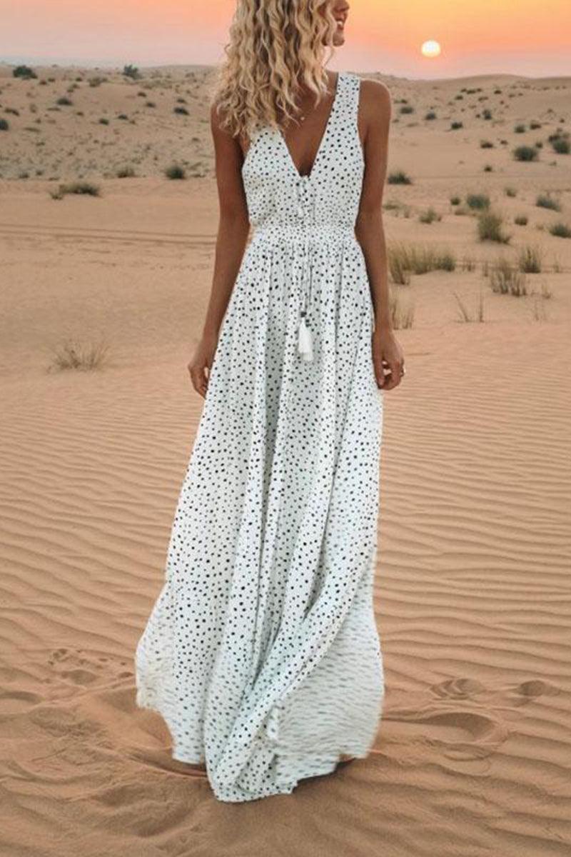 Mila Polka Dot V-Neck Maxi Dress with Flowing Silhouette - Rebooters -Women's Dresses